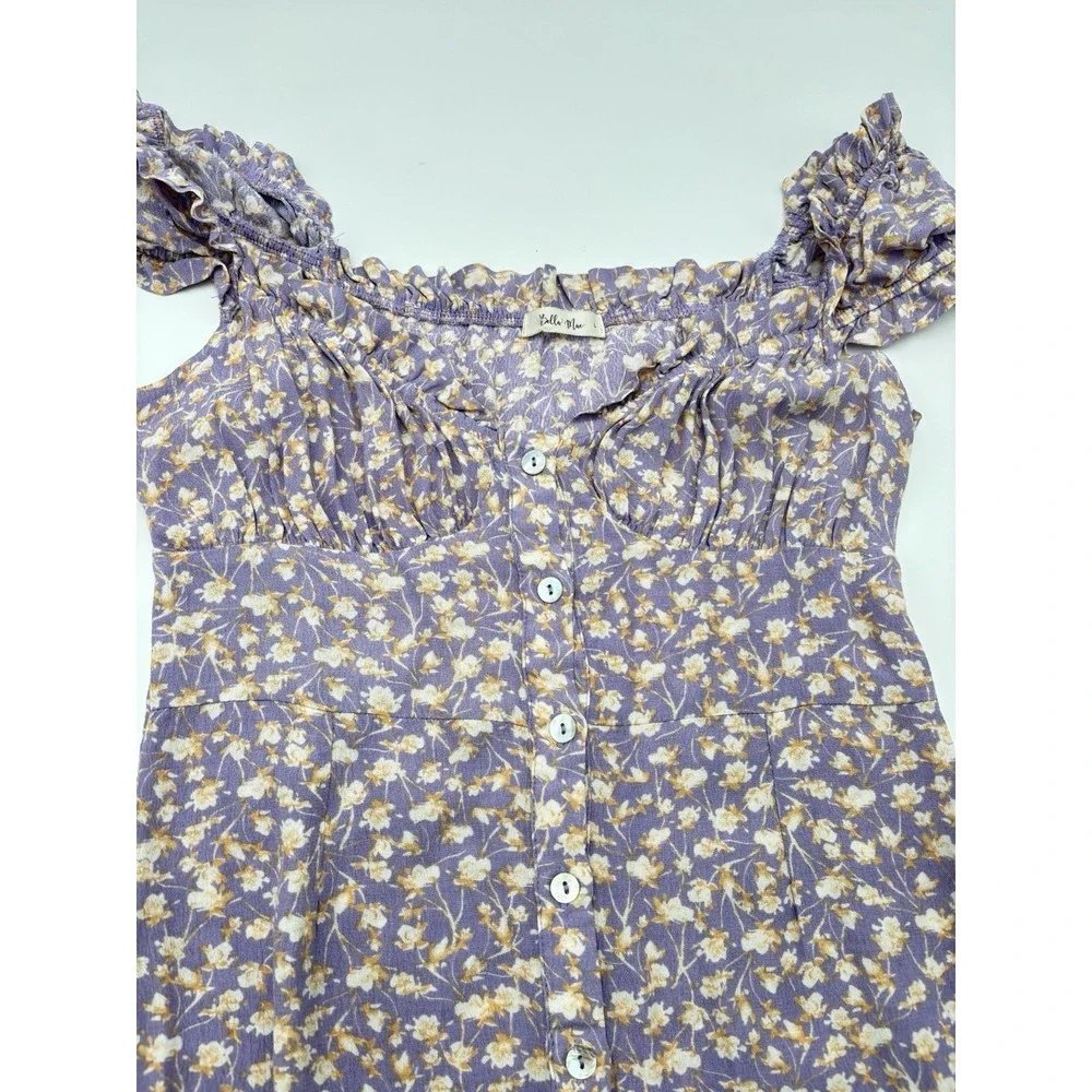 Bello Mae Cottagecore Milkmaid Dress Purple Floral Rayon Prairie Size L - Picture 8 of 12